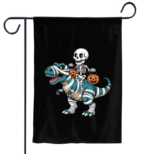 Skeleton Riding Mummy Dinosaur Funny Halloween Garden Flags