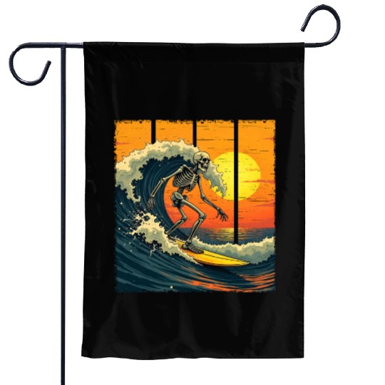 Skeleton Surfer Vintage Surfing Funny Halloween Garden Flags