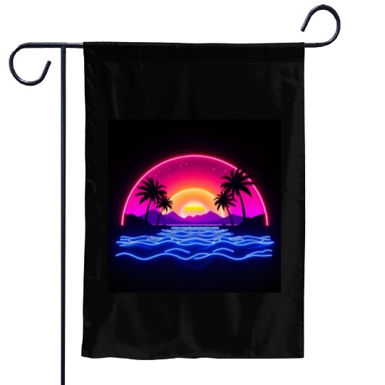 Neon Sunset Over Tropical Island Garden Flags