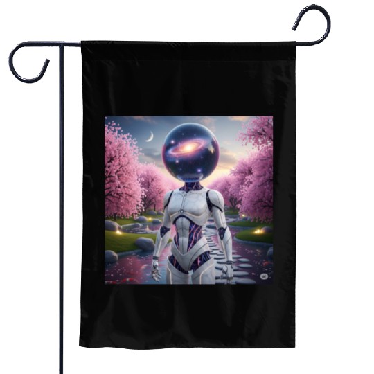 Futuristic Robot in Cherry Blossom Paradise Garden Flags