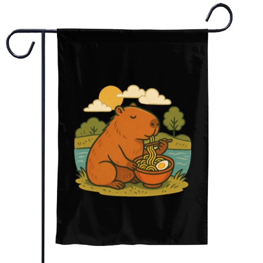 Bear Enjoying Ramen by the Lake Garden Flags