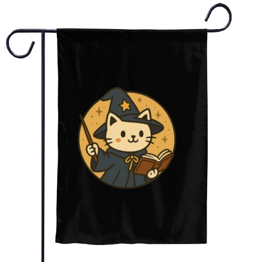 Whimsical Cat Wizard in Starry Night Garden Flags