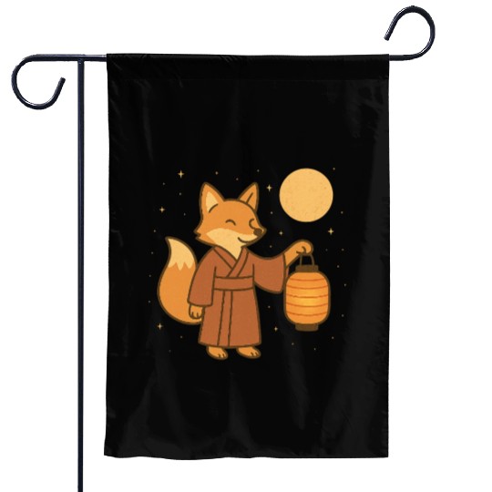 Cute Fox in Traditional Kimono with Lantern Garden Flags