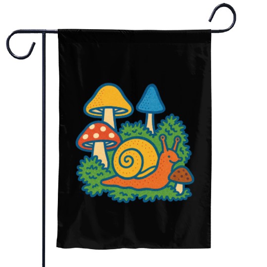 Bright Fantasy Mushroom and Snail Scene Garden Flags