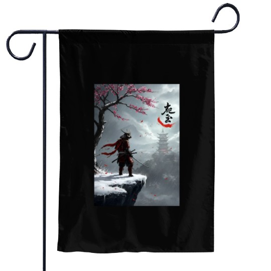 Samurai Warrior Under Cherry Blossom Tree Garden Flags