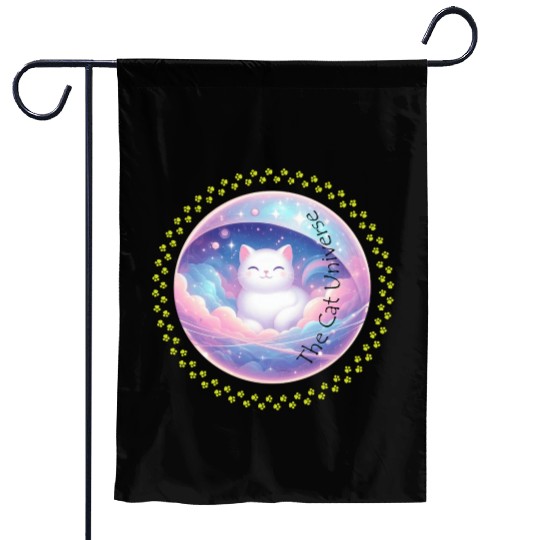 The Cat Universe – Kawaii Cosmic Cat in Dreamy Spa Garden Flags
