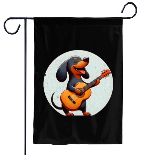 Playful Dachshund Guitar Badge Garden Flags