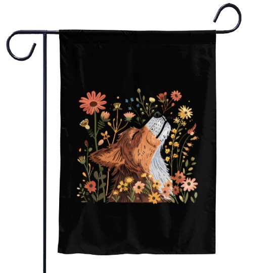 Serene Howling Wolf Amid Floral Bloom Garden Flags
