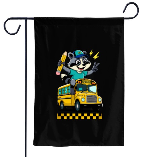 back-to-school-Cute Raccoon Student on School Bus  Garden Flags