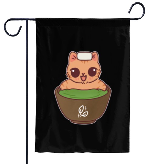 Kawaii Cat in Matcha Onsen Garden Flags