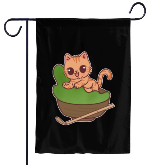 Kawaii Cat in Matcha Tea Bowl Garden Flags