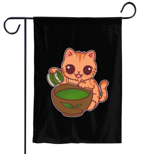 Kawaii Cat Barista Making Matcha Tea Garden Flags