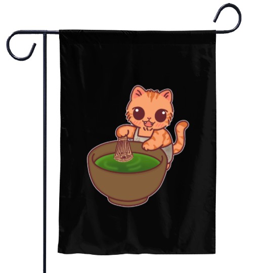 Kawaii Cat Matcha Barista Whisking Tea Garden Flags