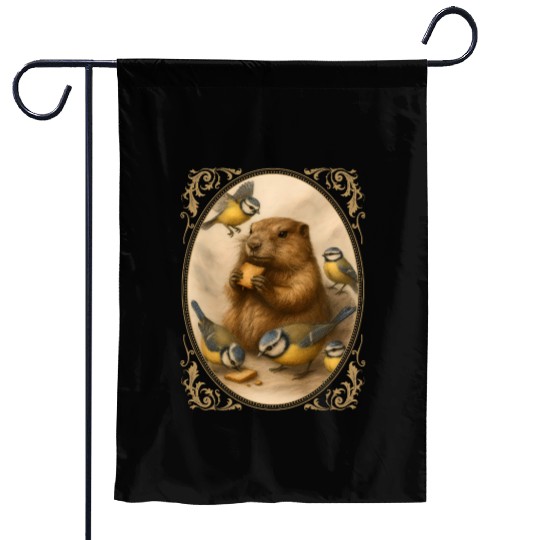 Marmot groundhog cute animal eating with birds Garden Flags
