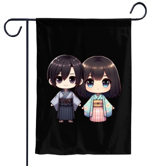 Chibi Kawaii Traditional Kimono Duo Garden Flags