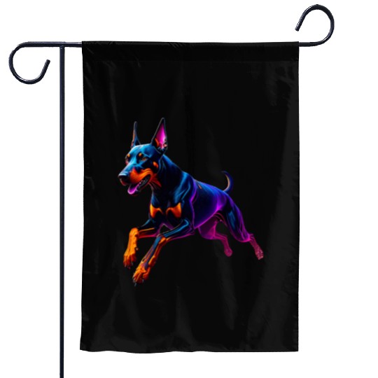 Neon Doberman Running Illustration Garden Flags