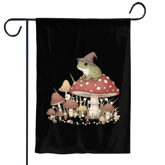 Whimsical Forest Frog in Magic Mushroom Scene Garden Flags