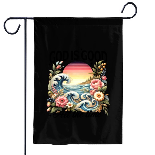 Elegant Wave and Floral Sunset Scene - GOD IS GOOD Garden Flags