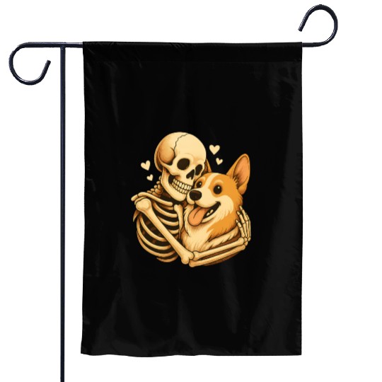 Halloween Skeleton Hugging Corgi Dog Garden Flags