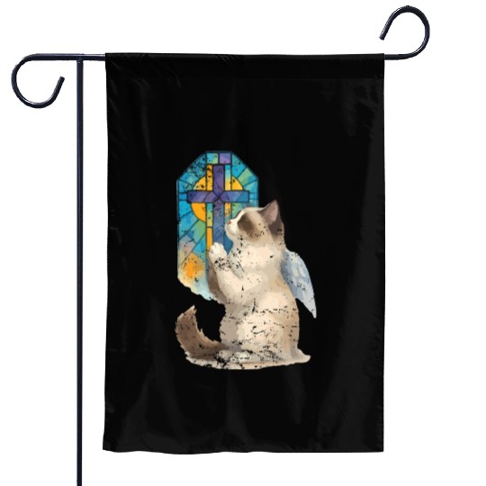 Celestial Cat with Stained Glass Cross Garden Flags