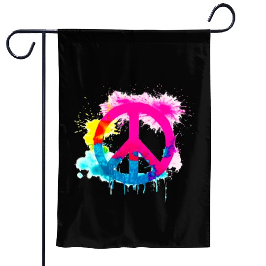 Peace sign neon colors groovy spray paint splatter Garden Flags