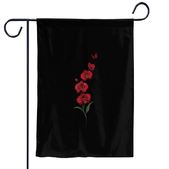 Red Orchid Flowers illustration with red butterfly Garden Flags