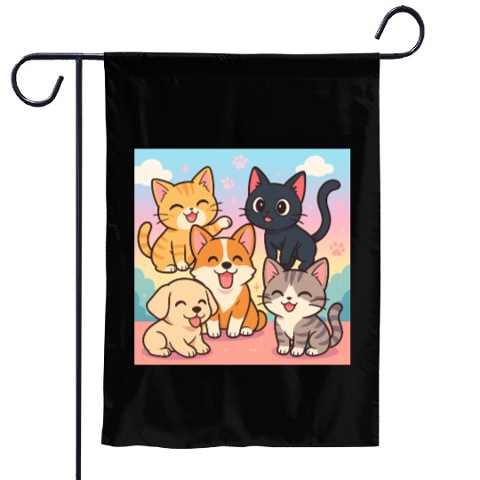 Colorful Cute Cats and Puppy Illustration Garden Flags