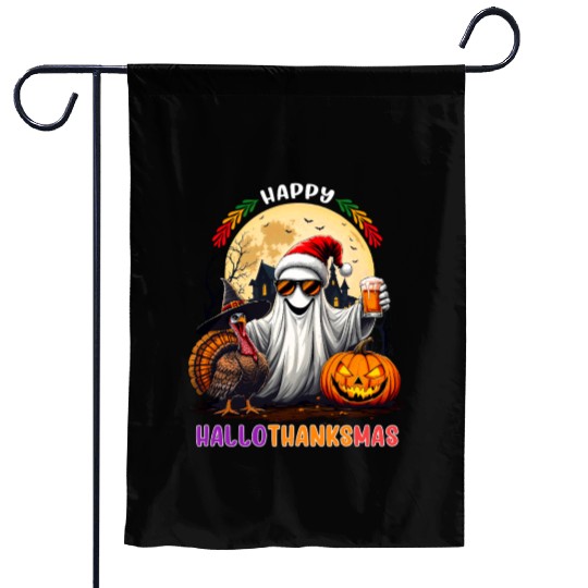 Happy Hallothanksmas Halloween Thanksgiving Xmas Garden Flags
