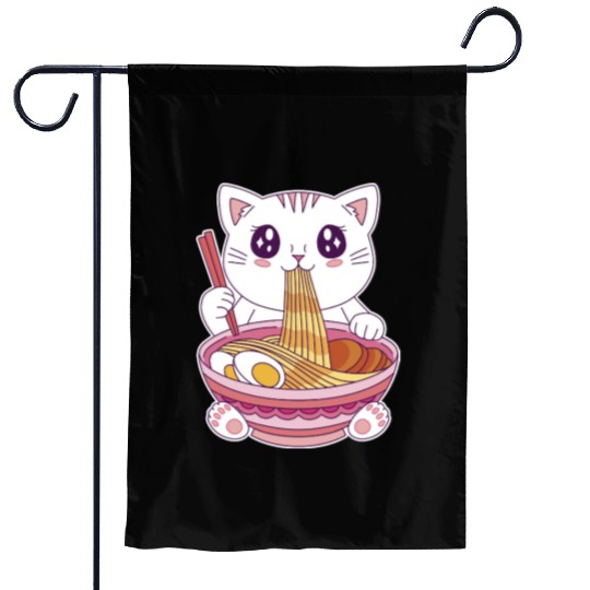 Cute Kawaii Cat Eating Ramen  Garden Flags