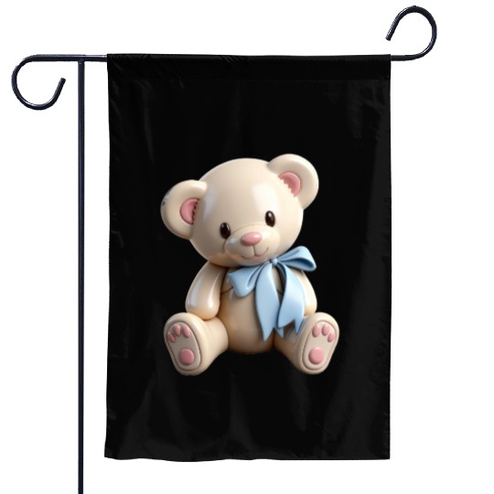Adorable Teddy Bear with Blue Bow Garden Flags