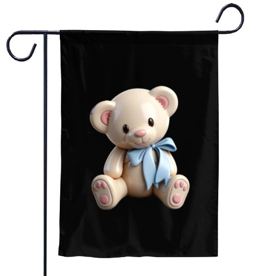Adorable Teddy Bear with Blue Bow Garden Flags