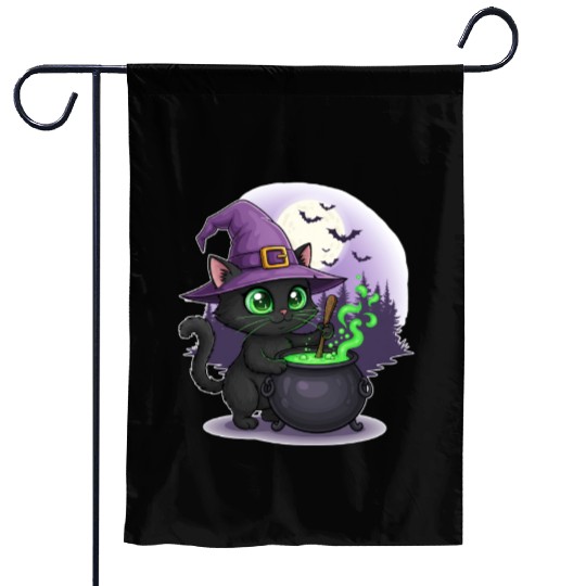 Enchanting Witch Cat Under Full Moon Garden Flags