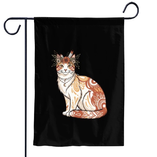 Boho Cat – Tribal Art Floral Tattoo Design Garden Flags