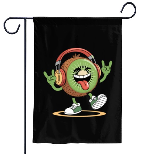 Playful Kiwi Cartoon with Headphones Garden Flags
