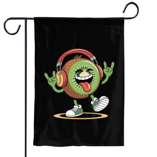 Playful Kiwi Cartoon with Headphones Garden Flags