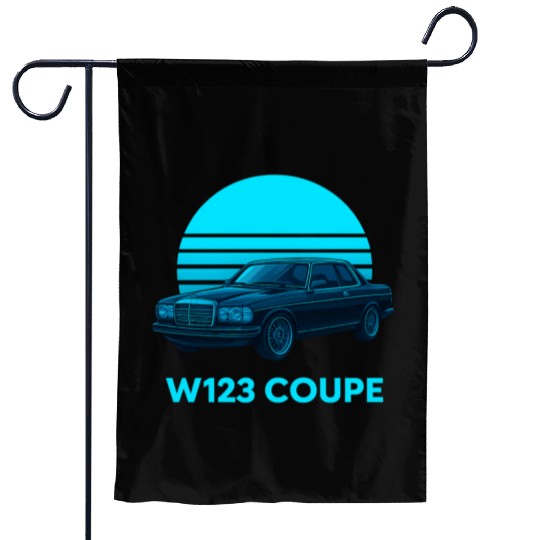 Black W123 Coupe – Neon Retro 80s Style Automotive Garden Flags