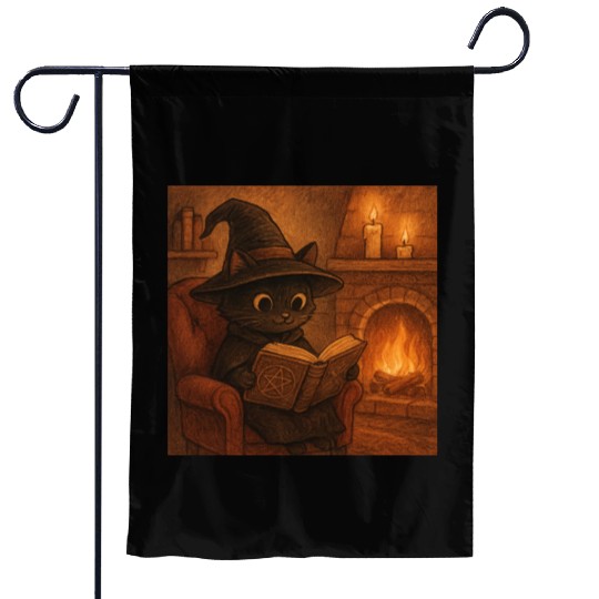 Enchanted Cat Witch by the Fireplace Garden Flags