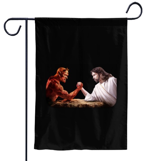 God arm wrestling Satan Garden Flags