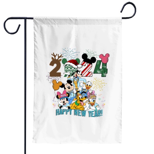 Disney Happy New Year 2024 Garden Flags, Mickey and Friends Happy New Year Fireworks 2024 Garden Flags