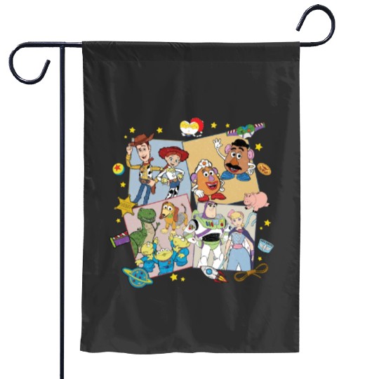 Retro Toy Story Garden Flags, Disney Family Garden Flags, Toy Story Friends tanks, Woody Jessie Buzz Lightyear, Aliens Slinky T-Rex