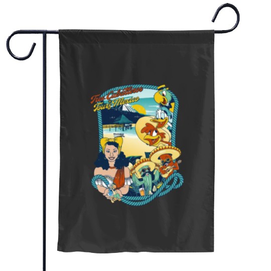 Latin American Disney Cartoon Three Caballeros Garden Flags, Tres Caballeros Tours of Mexico Garden Flags