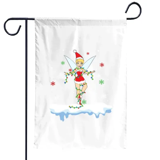 Disney Santa Tinker Bell Christmas Lights Garden Flags, Peter Pan Tinker Bell Snow Garden Flags
