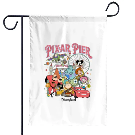 Vintage Pixar Pier Disneyland Garden Flags, Disneyland Pixar Fest 2024 Garden Flags, Meet me at Pixar Pier Disney Pixar Characters