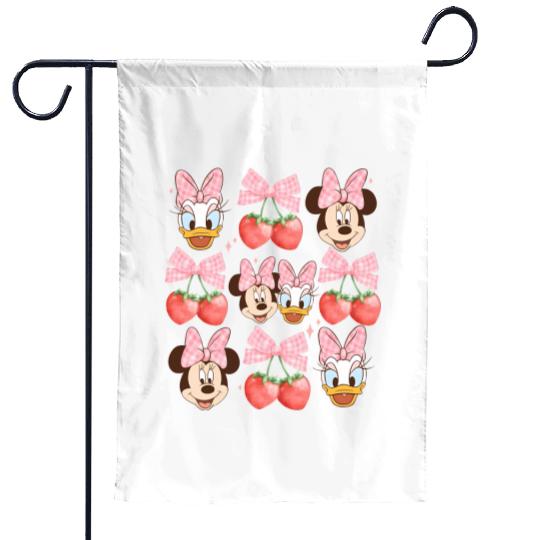 Vintage Minnie And Daisy Pink Bow Garden Flags, Disney Coquette Strawberry Garden Flags