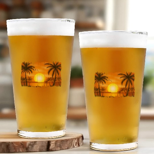 Retro Sunrise, Beach, Palm Trees, Vacation Glass Cups