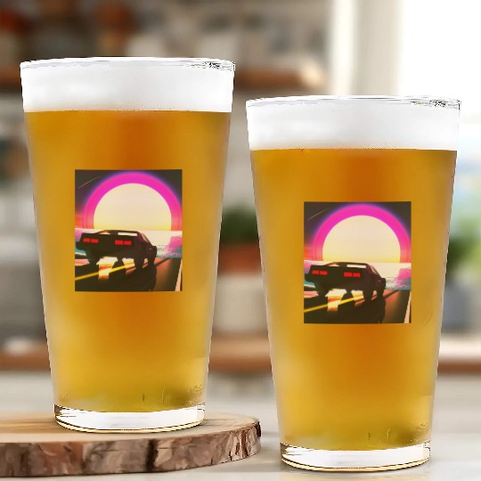 Synthwave Outrun Sports Car Driving Into A Sunset Glass Cups