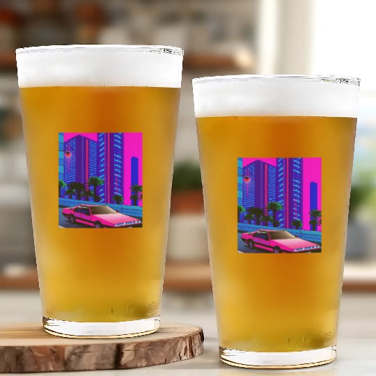 Vaporwave Car Synthwave City Glass Cups