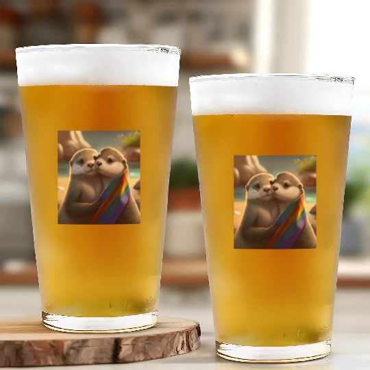 Hugging Otter Holding LGBT Flaglet Otter LGBT Glass Cups