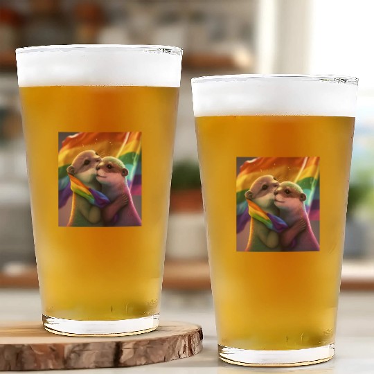 Hugging Otter Holding LGBT Flaglet Otter LGBT Glass Cups