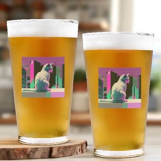 Vaperwave Aesthetic Glitch Cat Retrowave Synthwave Glass Cups